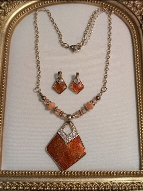 Gold-Tone Orange Pendant Necklace & Earring Set
